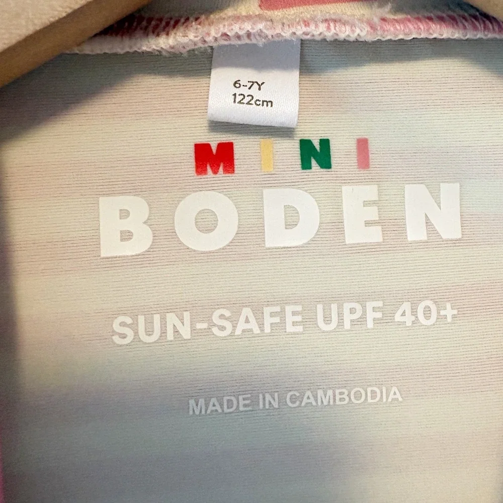Mini Boden Girls Pink White Striped Sun-Safe Rash Guard UPF 40+ Long Sleeve 6-7Y